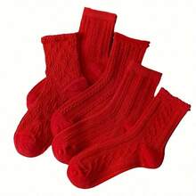 3/1 Pair Women's Red Socks, Exquisite Embossed Design - Comfortable And Warm Socks Suitable For Autumn And Winter, Soft And Durable, Solid Color Design, Ideal For Casual Or Holiday Wear, Holiday Socks | Embossed Sock Design | Structure, Cute Socks - Multicolor - View 6