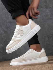 2025新款男士休闲运动鞋，时尚简约百搭厚底系带轻便低帮滑板鞋，适合日常穿着、外出、街头、校园、度假、旅行、散步等场合。 - 米色 - 查看 5