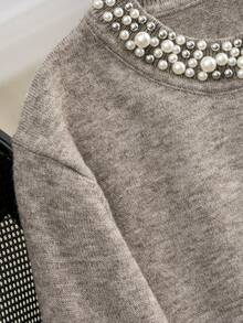 GIGOGOU Áo len dài tay ấm áp đính hạt thời trang cho nữ mùa thu đông, quần áo len giản dị cơ bản, quần áo mùa thu sang trọng - Màu Khaki - Xem 4