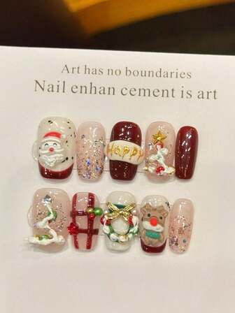 10 pièces Faux ongles de luxe faits à la main en forme de stiletto moyen, pour Noël, avec 3 pièces d'outils, d'adhésif et de languettes de colle à ongles. Convient pour les filles et les femmes pour assister à des fêtes.