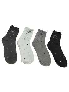 4 Pairs Women's Polka Dot Bow Short Socks, Black, White, Gray Optional, Suitable For Any Season - Multicolor - View 7
