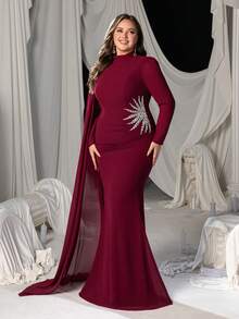 Vestido de noche formal con cuello Mao de talla grande para mujer, con detalles de cristal y strass en los hombros, elegantes mangas tipo capa transparente y silueta de sirena favorecedora, para galas de etiqueta negra, grandes banquetes, noches de ópera, recepciones de vino y bailes filantrópicos. Conjunto a juego para Navidad - Burdeos - Ver 7