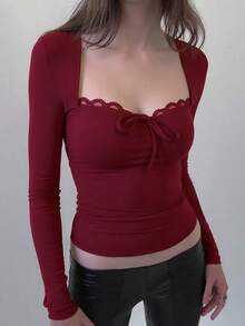 女士纯色蕾丝方领紧身胸衣，性感修身时尚上衣，个性街头休闲舞会上衣 - 紅色 - 查看 3