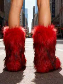 Women's Faux Fox Fur Boots For Autumn & Winter: Warm Mid-Calf, Plus-Size, Flat-Heeled, Thickened Faux Fox Fur, Round-Toe, High-Top Snow Boots. - 紅色 - 查看 3