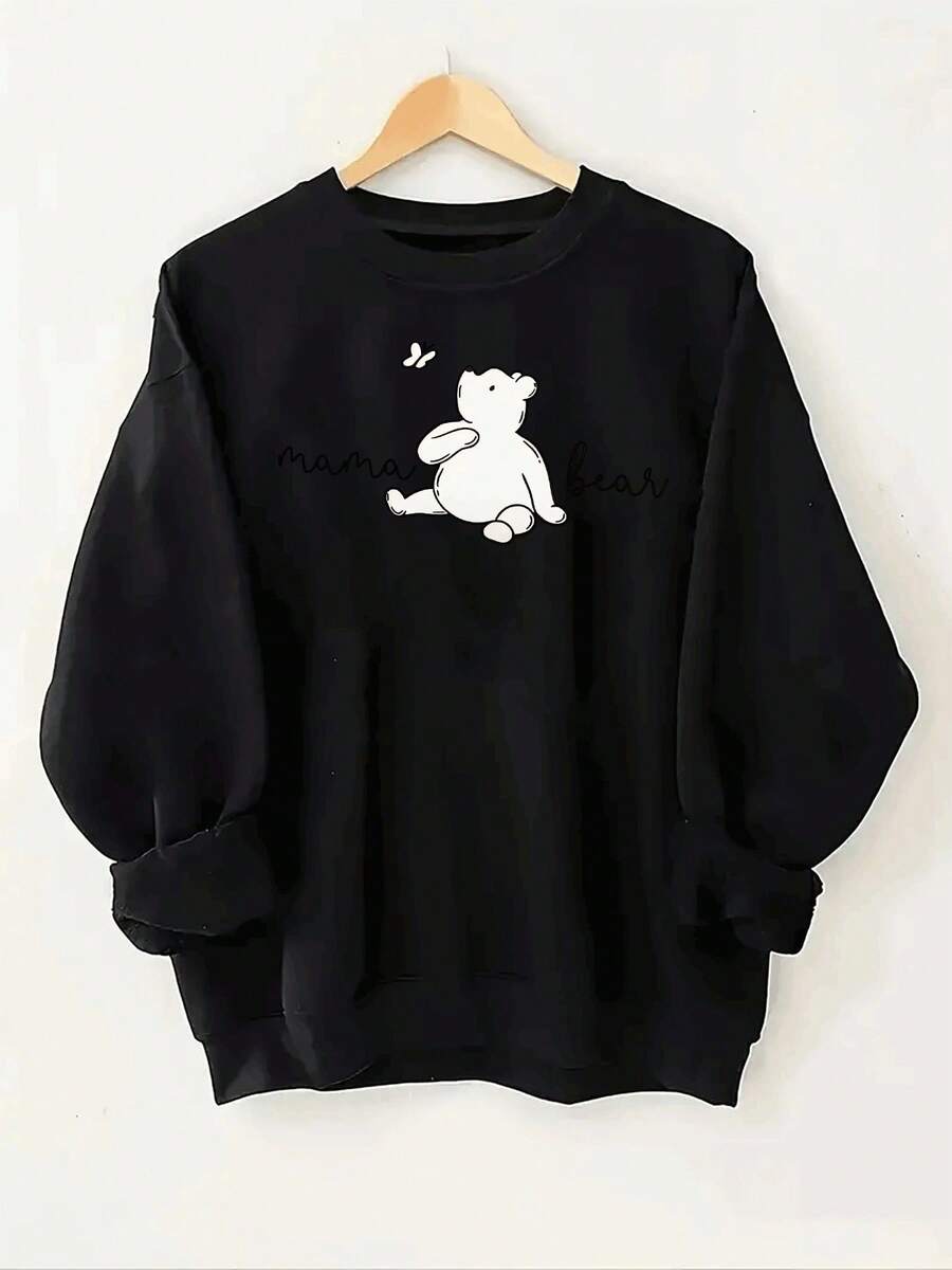 Women's Casual Fleece-Lined Sweatshirt - Heather Gray With Cute Line Art Bear & "Mama Bear" Text, Ribbed Cuffs, Relaxed Fit, Machine Washable - 黑色 - 查看 1