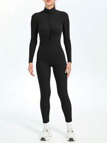 Womens Workout Winter Long Jumpsuits Seamless Yoga Gym Bodycon Rompers Sexy Unitard Tummy Control - Zip Black - View 3