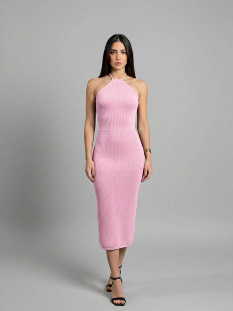 Halter Neck Midi Dress Knit Summer Simple Backless Asymmetrical Formal & Evening Wedding - Baby Pink - View 1