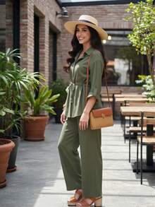 Conjunto de Mujer Elegante, Casual, 2 piezas, pantalon ancho con elastico, blusa de botones manga larga  y jareta ajustable, para trabajar o casual, - Verde militar - Ver 4