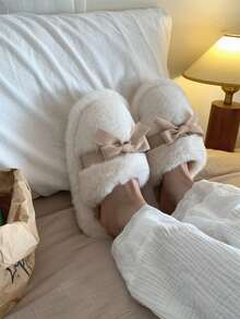 XIXITIAO 畅销女士蝴蝶结拖鞋，柔软厚底，毛茸茸的，少女感十足，适合居家、办公穿着，粉色，秋冬季舒适家居鞋 - 白色 - 查看 7