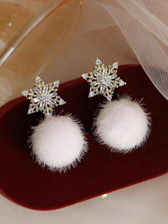 1 Pair Elegant Christmas Snowflake Pom Pom Dangle Earrings, Suitable For Women To Wear On Any Occasion, Christmas Holiday Gift