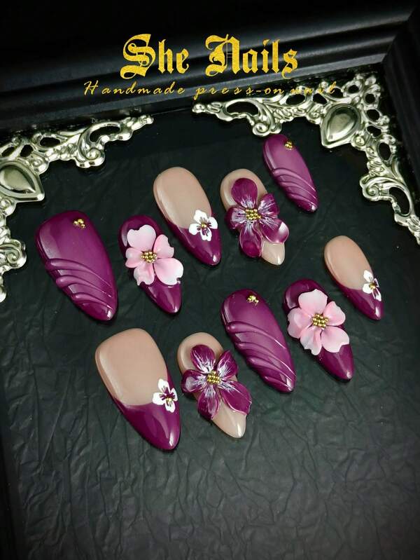 DIY 10pcs Of Glossy French Western Punk Goth Y2K Style With Charming Purple Nails Paired With 3D Hand Carved Flowers, Hand Drawn Water Ripple, Medium Long Almond Shaped Pure Handmade Acrylic Press On Nails.