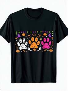 Men's Halloween Dog Lover T-Shirt - Black Shirt With Spooky Paw Prints, Pumpkins, Ghosts - Soft Breathable Fabric For Halloween Party Costume Everyday Pet Owner Apparel - Machine Washable Casual Tee, Festive Clot - màu đen - Xem 1