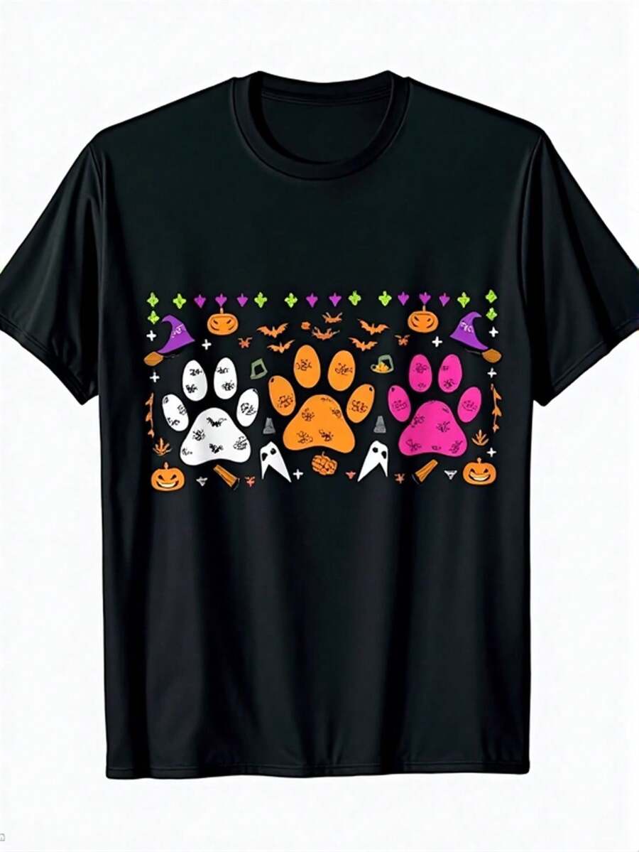 Men's Halloween Dog Lover T-Shirt - Black Shirt With Spooky Paw Prints, Pumpkins, Ghosts - Soft Breathable Fabric For Halloween Party Costume Everyday Pet Owner Apparel - Machine Washable Casual Tee, Festive Clot - màu đen - Xem 1