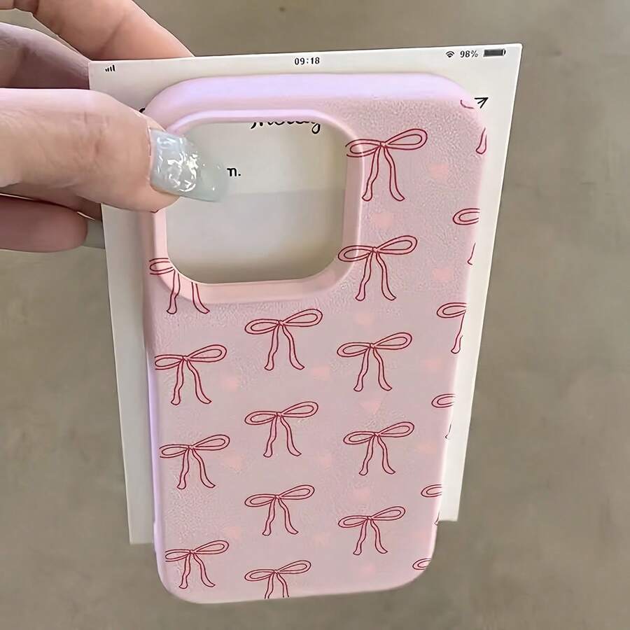 1个粉色哑光质感个性化手机壳，带蝴蝶结和心形图案，兼容 16 Pro Max、15、14 Plus、13、12、11 - 彩色 - 查看 1