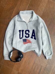 Women's Autumn/Winter New Minimalist American Letter Print Casual Half-Turtleneck Zipper Sweatshirt, Fashion Versatile - Dark Gray - View 2