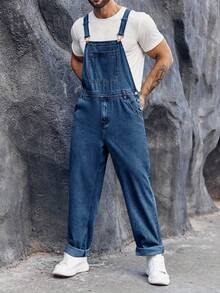 Runcati Men's Denim Bib Overall Jean Romper Trousers Adjustable Strap Workwear Slim Fit Jumpsuit - màu xanh nước biển - Xem 4