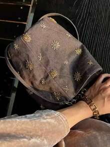 New Beaded Embroidered Snowflake Bucket Bag, Large Capacity Canvas Crossbody Bag, New Chinese Style Casual Shopping Tote, Versatile Handbag - Brown - View 2