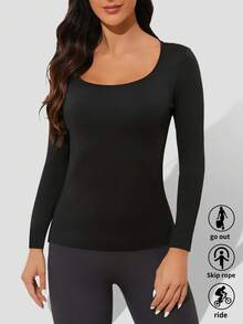 1 件秋冬保暖圆领长袖打底衫，修身休闲运动服瑜伽外套百搭汗衫 - 黑色 - 查看 2