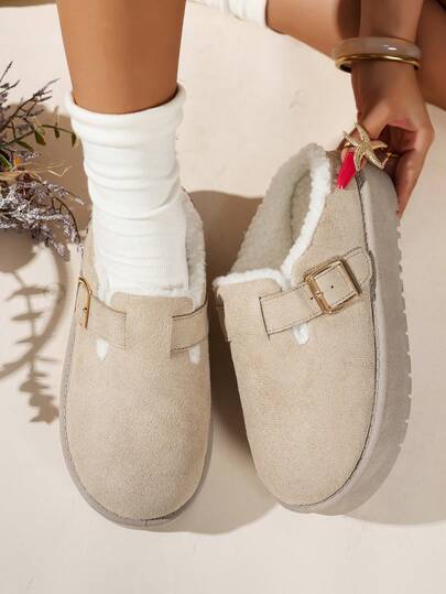 Thick Sole Round Toe Flat Slippers; Slouchy Slip-On Shoes; Flat Shoes; Slip-On Shoes; Flat Boots, Thick Sole Boots, Fashionable Fuzzy Warm Minimalist Solid Color Indoor Outdoor Travel Vacation Home Slippers, Thick Sole Slippers, Flat Slippers, Boot Shoes