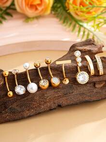 Bộ 9 khuyên rốn bằng thép không gỉ hình trăng lưỡi liềm, đá quý đôi hình chữ T, trang sức xỏ khuyên cơ bản dễ thương để đeo hàng ngày - Vàng - Xem 8