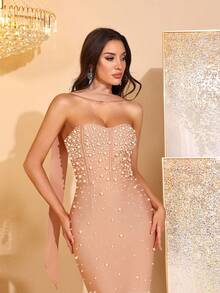 Đầm phù dâu cúp ngực xẻ cao, đính hạt cườm sang trọng, đầm dự tiệc kiểu băng quấn. - Màu Khaki - Xem 9