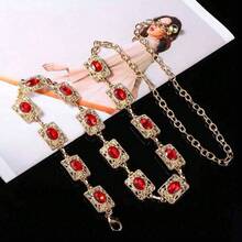 Luxury Gold Patterned Red Rhinestone Square Plate Waist Chain, Hollow Decor Delicate Chain Waist Belt, Formal Dress, Evening Gown, Black Dress Waist Accessory, Gold & Red Focal Retro Style Waist Decor, Suitable For Dresses, Formal Occasions, Weddings, Parties, Festivals, Zinc Alloy With Shiny Palace Style