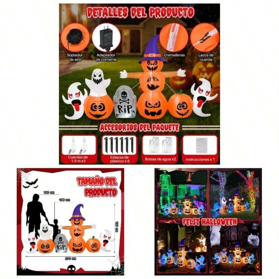 1.8M Calabaza Inflable Decoracin de Halloween, Lindo Decoracin Inflable con el Cuerpo del Crneo y con Luces para Halloween Al Aire Libre Interior del Partido Jardn Csped - 2.7M - Calabaza Fantasma Lápida - Ver 1