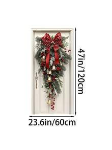 Guirlanda de Natal com laço, sinos dourados e fita vermelha, feita de poliéster, medindo 70,8 x 35,4 polegadas. Uma decoração festiva ideal para a porta de entrada e também para as celebrações de Natal e Ano Novo.