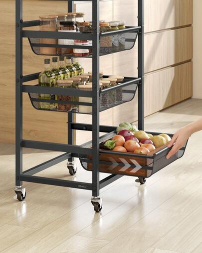 Carrito de Almacenaje de 5 Niveles, con Cestas Extraíbles, Estante de Cocina con Ruedas y Asa, 31,7 x 40 x 95 cm, Marrón Rústico y Negro Tinta