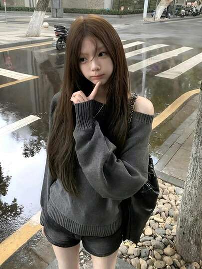 复古美式露肩长袖针织衫，宽松休闲露肩套头衫，秋冬款