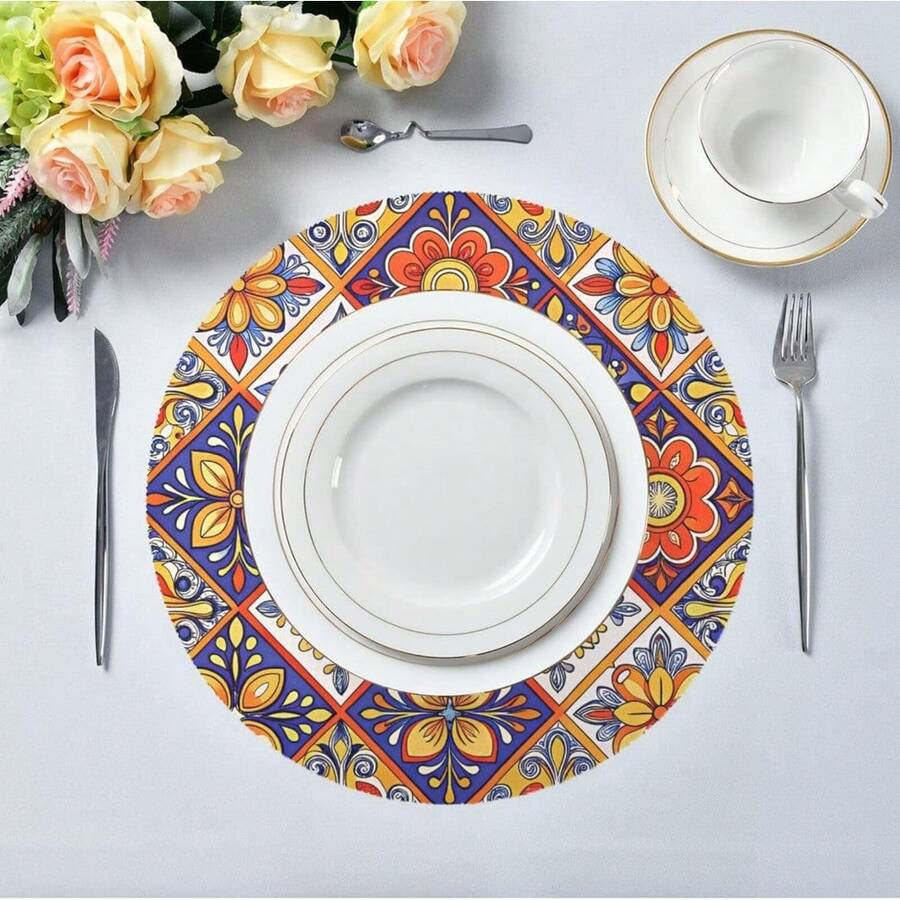 Mexican Talavera Round Placemats Set Of 4 7.87 Inch Heat Resistant Non-Slip Place Mats Washable Decorative Table Mats For Kitchen Dining Table Holiday Party - 彩色 - 查看 1