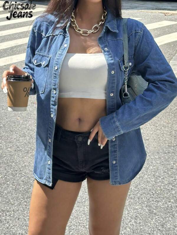 Camisa jeans feminina, blusa casual e moderna para o outono