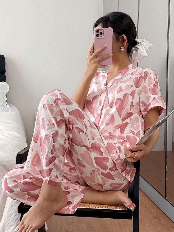 Conjunto de pijama feminino de 2 peças, blusa de gola de beisebol com estampa de coração e calças compridas, roupa de dormir feminina para todas as estações