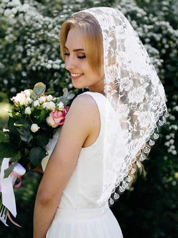 Velo de encaje, velo de misa, velo triangular mantilla, velos católicos para mujeres, velo para cubrir la cabeza en la misa catedral, velos con flecos para la misa latina, velos para la iglesia para mujeres