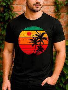 Sunset Palm Trees Beach Coconut Tree Basic Unisex T-Shirt 100% Premium Cotton – Men's And Women's | Casual, Streetwear, Plus Size, New Release With Immediate Shipping In Various Colors - 黑色 - 查看 1