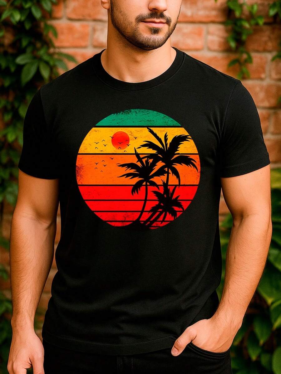 Sunset Palm Trees Beach Coconut Tree Basic Unisex T-Shirt 100% Premium Cotton – Men's And Women's | Casual, Streetwear, Plus Size, New Release With Immediate Shipping In Various Colors - 黑色 - 查看 1