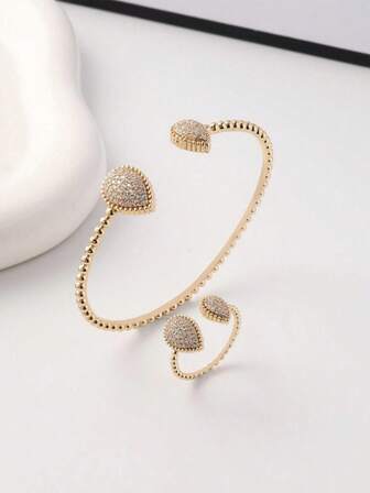 Minimalist Personalized Double Water Drop Full Rhinestone Open Bangle Bracelet & Ring Set, Popular Selling In Europe & US