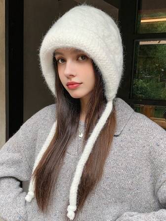 1pc Women's Solid Color Tie Knit Beanie Hat, Warm And Windproof, Thermal Lined, Outdoor Casual Style, Suitable For Autumn/Winter, Great Gift