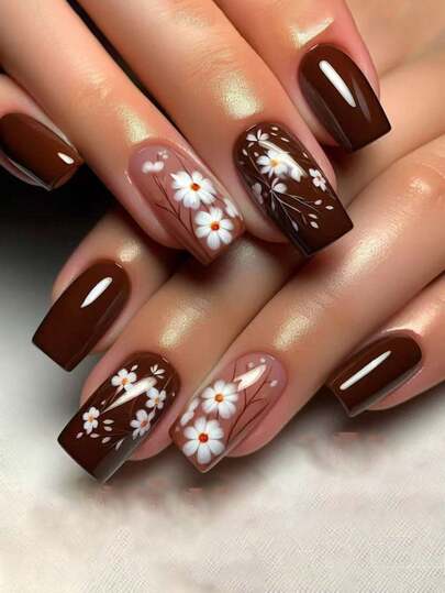 24Pcs Autumn Press On Nails Brown Fake Nails Medium Square Stick On Nails Small Flower Acrylic False Nail Full Cover Glue On Nail Glossy Fall Artificial Nail For Women DIY Manicure Art