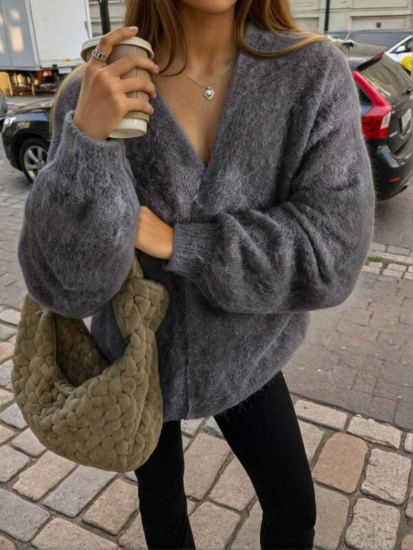 Cardigan en tricot moelleux à coupe ample et couleur unie pour femmes, polyvalent pour le printemps, l'automne et l'hiver