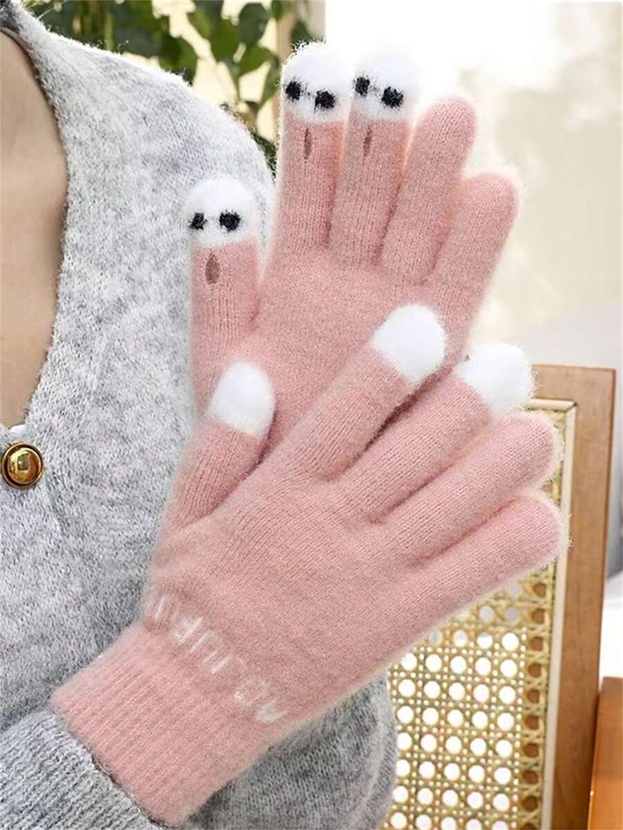 新款女士触屏针织手套，可爱卡通设计，书写、打电话时保暖，秋冬百搭