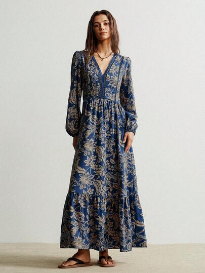 Rusttydustty 波西米亚风镂空蕾丝V领休闲长袖经典棕色连衣裙，适合海滩、音乐节、热带度假等场合，优雅春季之选