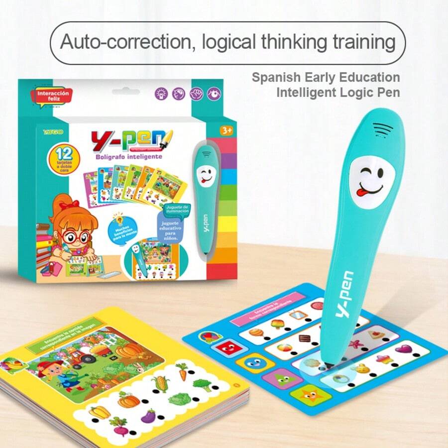 Bolígrafo de audio inteligente en español + 12 tarjetas de aprendizaje de doble cara en español, bolígrafo electrónico multifuncional con voz para el desarrollo intelectual y el aprendizaje lógico, bolígrafo con expresiones lindas y función de iluminación - Multicolor - Ver 1
