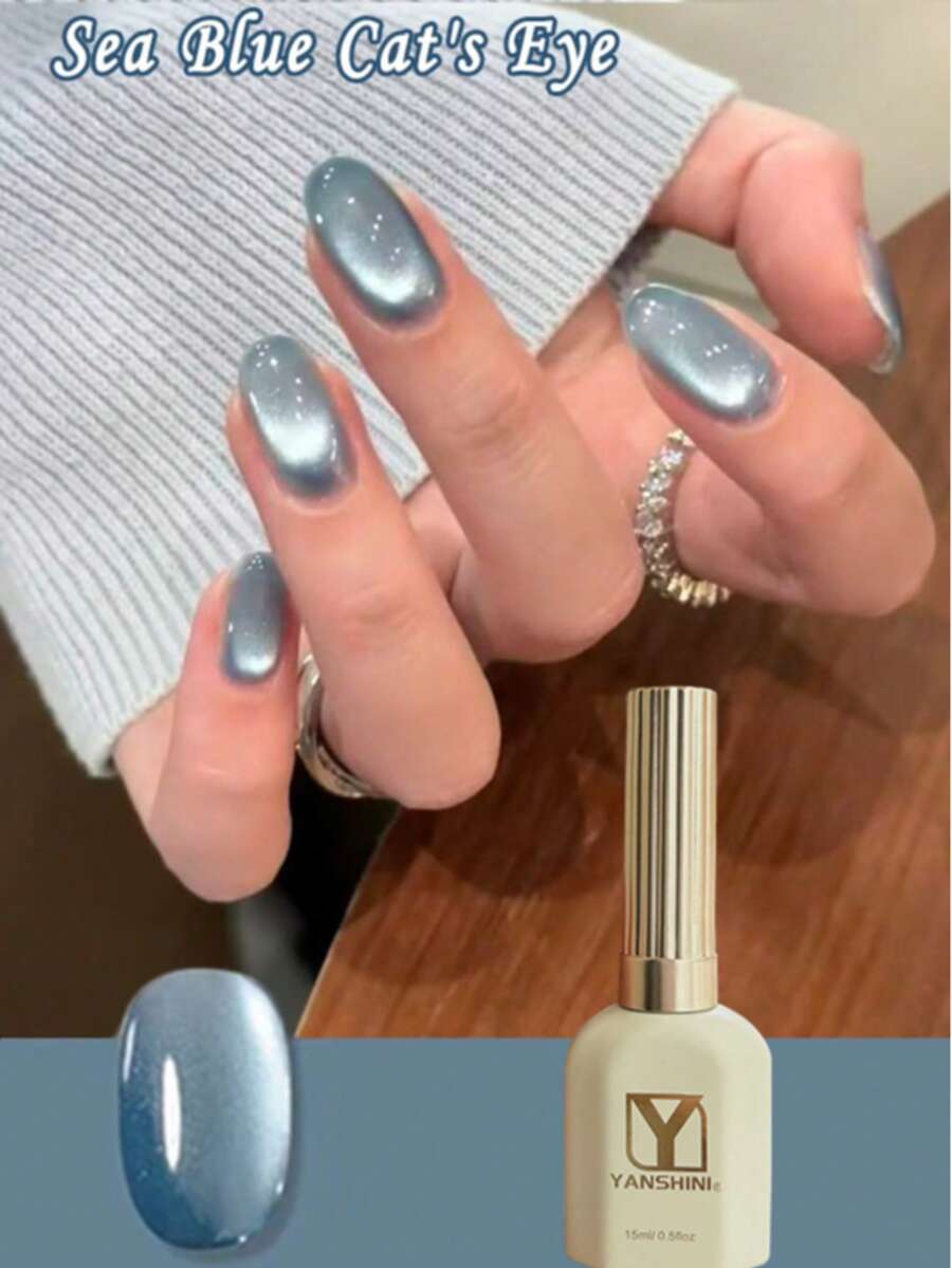 15ml Magnetic Cat Eye Gel Nail Polish – Ice Blue Shimmer Gel, Glass Effect Soak-Off UV/LED DIY & Salon Nails - Blue - View 1