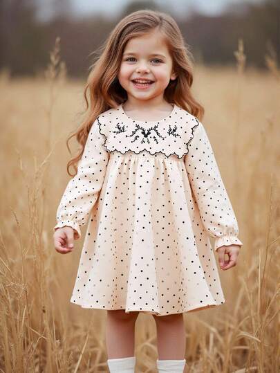 Baby Girls Cute Embroidered Peter Pan Collar Polka Dot Print Long Sleeve Round Neck Dress