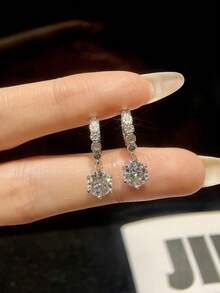 1 Pair 1 Carat 6-Prong Moissanite Tassel Stud Earrings, 925 Sterling Silver, Elegant Engagement Earrings, Bridal Wedding Jewelry, Luxury Jewelry Gift - Silver - View 4