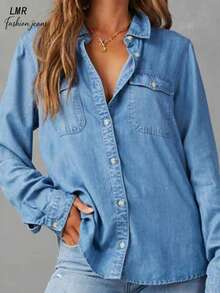 Women's Casual Front Button Long Sleeve Denim Shirt With Pockets - Light Wash - View 3