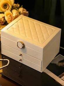 3-Layer Large Capacity Jewelry Box, PU Leather With Lock Jewelry Storage Box, Desktop Drawer Storage Box, Vanity Organizer Box, Women's Accessory Gift Box, Ring, Necklace, Bracelet, Earring Storage Box, Jewelry Accessory Storage Container. - Multicolor - View 7