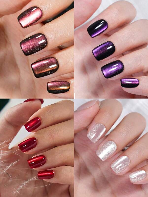 120pcs Short Square Red, Skin Tone, Purple, Rose Red Cat Eye French Press-On Nails, Full Coverage Removable Soft Gel Nails, 15 Size Options, Glossy Shiny Nail Set, Suitable For Women Christmas, Holiday Party Nail Decor