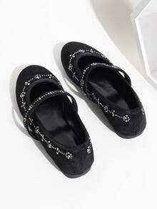 Women's Round Toe Ballet Flats, Elegant Minimalist Fashion Design With Rhinestone Flower Decor, Retro Mary Jane Slip-On Style, Fashionable And Comfortable For Daily Wear, Suitable For Christmas, New Year, Autumn/Winter Weddings, And Outdoor Vacations